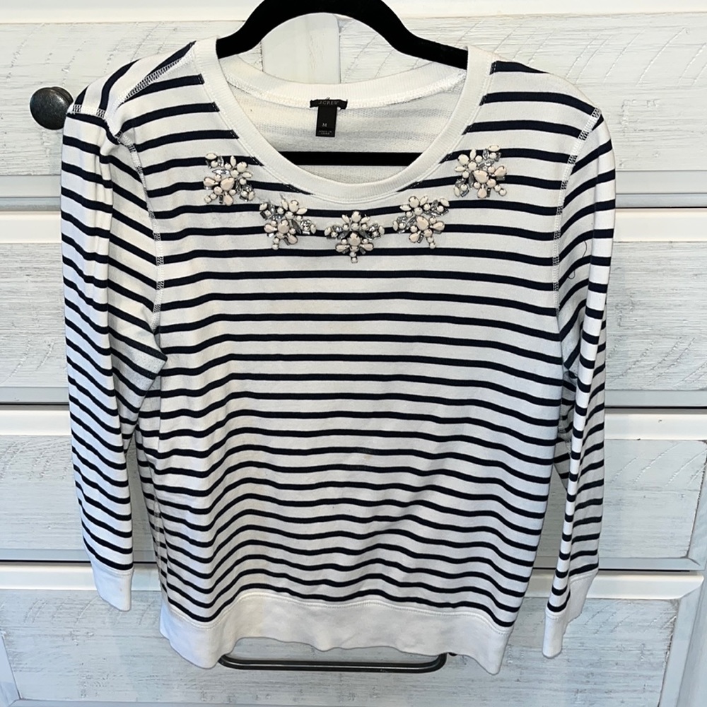 J. Crew White and Black Striped Jeweled Crewneck Top